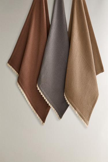 Zara WAFFLE-KNIT COTTON CLEANING KITCHEN TOWEL (SET OF 3) - Brown / Taupe