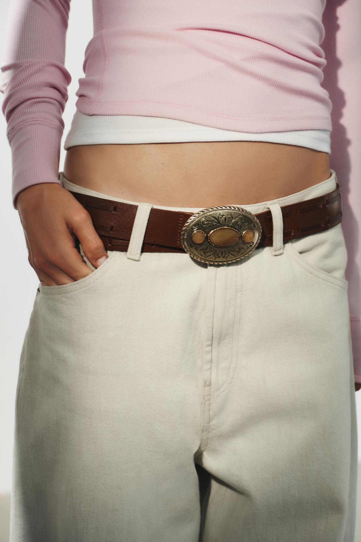 Женский ремень Zara 100% Leather with Stone Buckle, цвет: Коричневый — фото 2