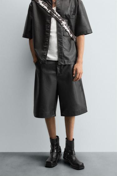 OVERSIZE FIT LEATHER EFFECT BERMUDA SHORTS - LIMITED EDITION - Black by Zara