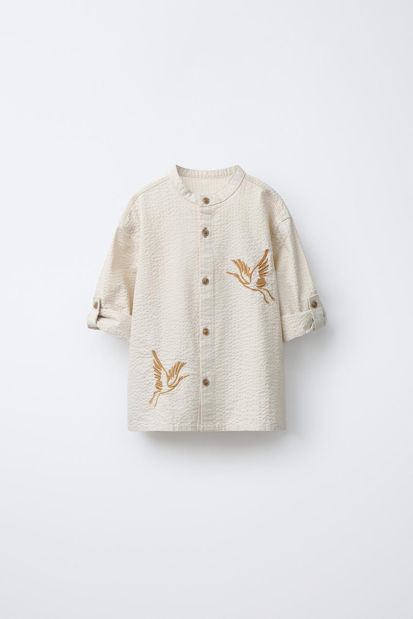 スタンドカラー シアサッカー バード刺繍入りシャツ - エクリュ | ZARA 