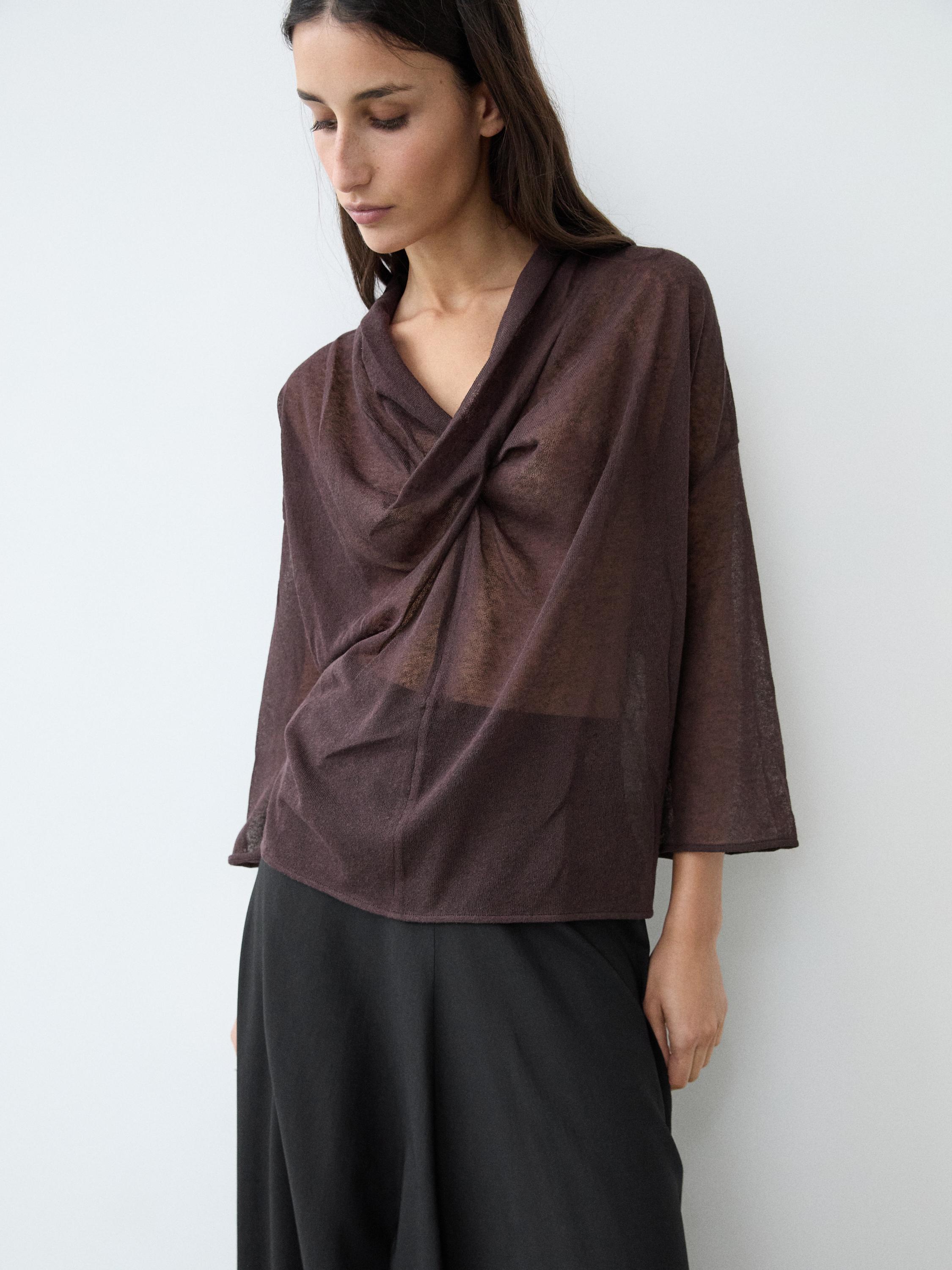 Linen blend shirt with cowl neckline