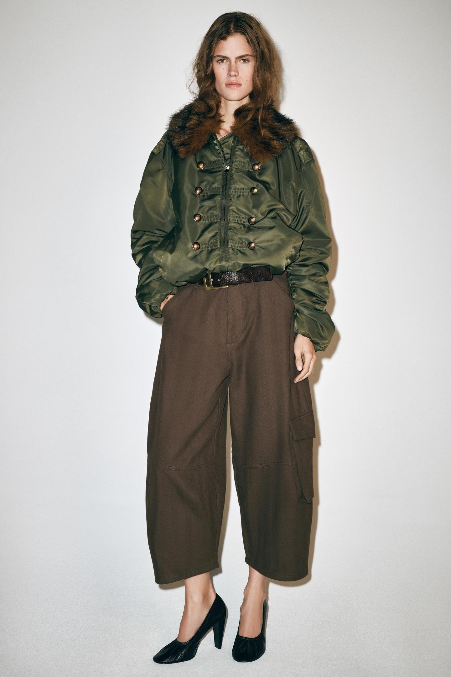 Женская куртка Zara Nylon Bomber with Faux Fur Collar ZW Collection, цвет: Зелёный — фото 5