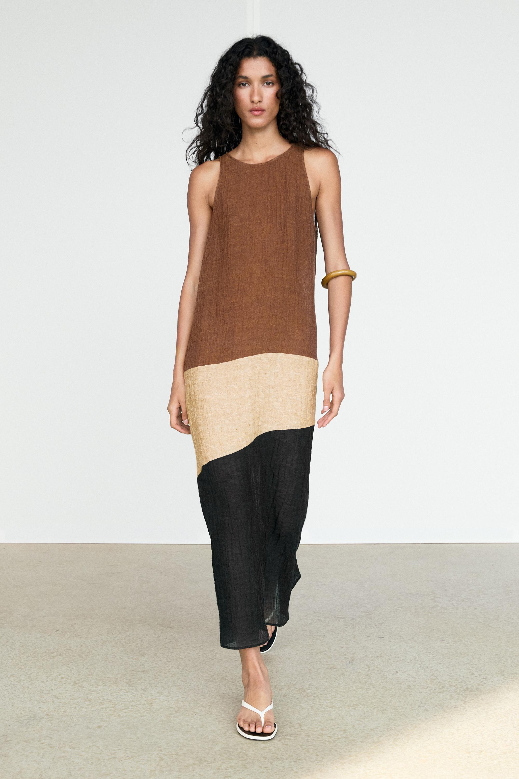Combined linen blend midi dress — Brown