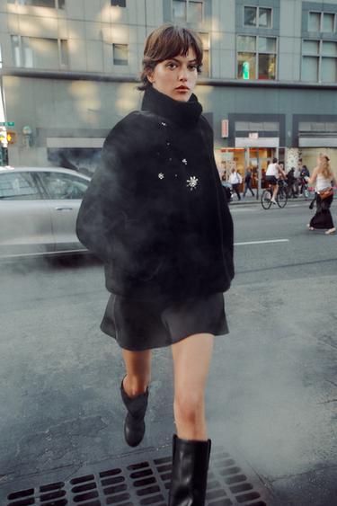 Zara JEWEL DETAIL FAUX FUR COAT ZW COLLECTION - Black