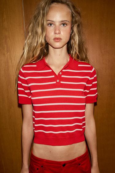 Zara STRIPED SHORT SLEEVE KNIT POLO TOP - Red