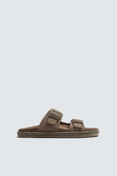 SANDÁLIA DE COURO COM TIRA DUPLA - Cinza-toupeira da Zara