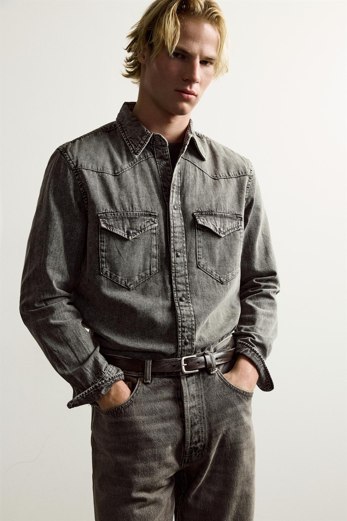 Мужская рубашка Zara Regular Fit Denim Western, цвет: Угольный — фото 5
