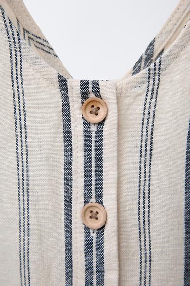 STRIPED LINEN BLEND LONG DUNGAREES - Ecru / Blue by Zara - Image 2