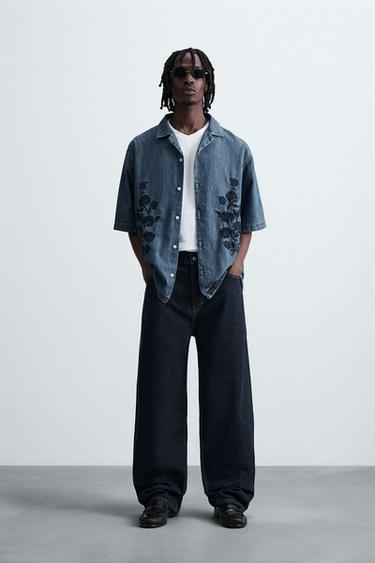 CONTRAST EMBROIDERY DENIM SHIRT - Blue by Zara