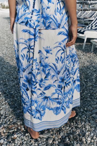 JUPE MI-LONGUE À IMPRIMÉ TROPICAL - Écru / Bleu de Zara - Image 3