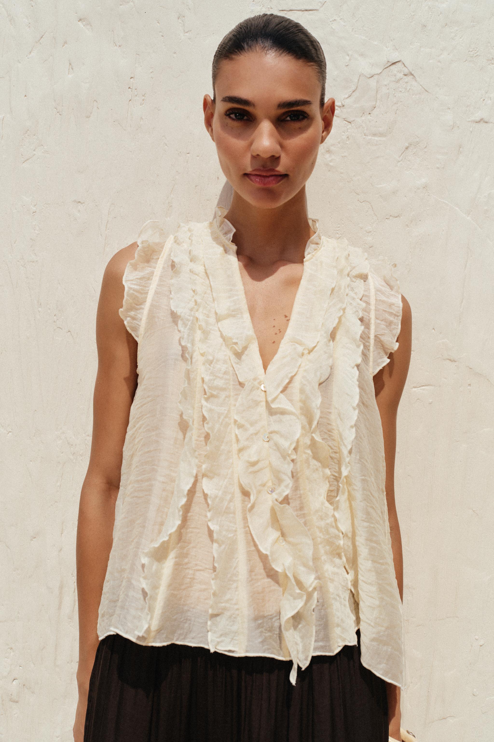SEMI-SHEER RUFFLED TOP - Brown | ZARA Turkey