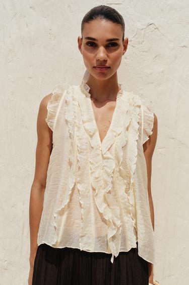 TOP SEMI-TRANSPARENT VOLANTS - Vanille de Zara