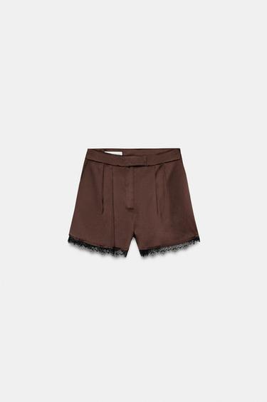 Zara SATIN EFFECT LACE TRIM SHORTS - Brown