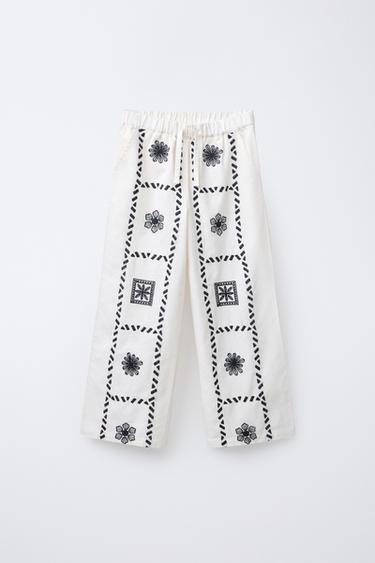 PANTALÓN BORDADOS CON LINO - Crudo / Negro de Zara