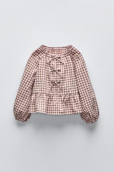 БЛУЗА В КЛЕТКУ ВИШИ С БАНТАМИ — ПУДРОВО-РОЗОВЫЙ от Zara — изображение 0