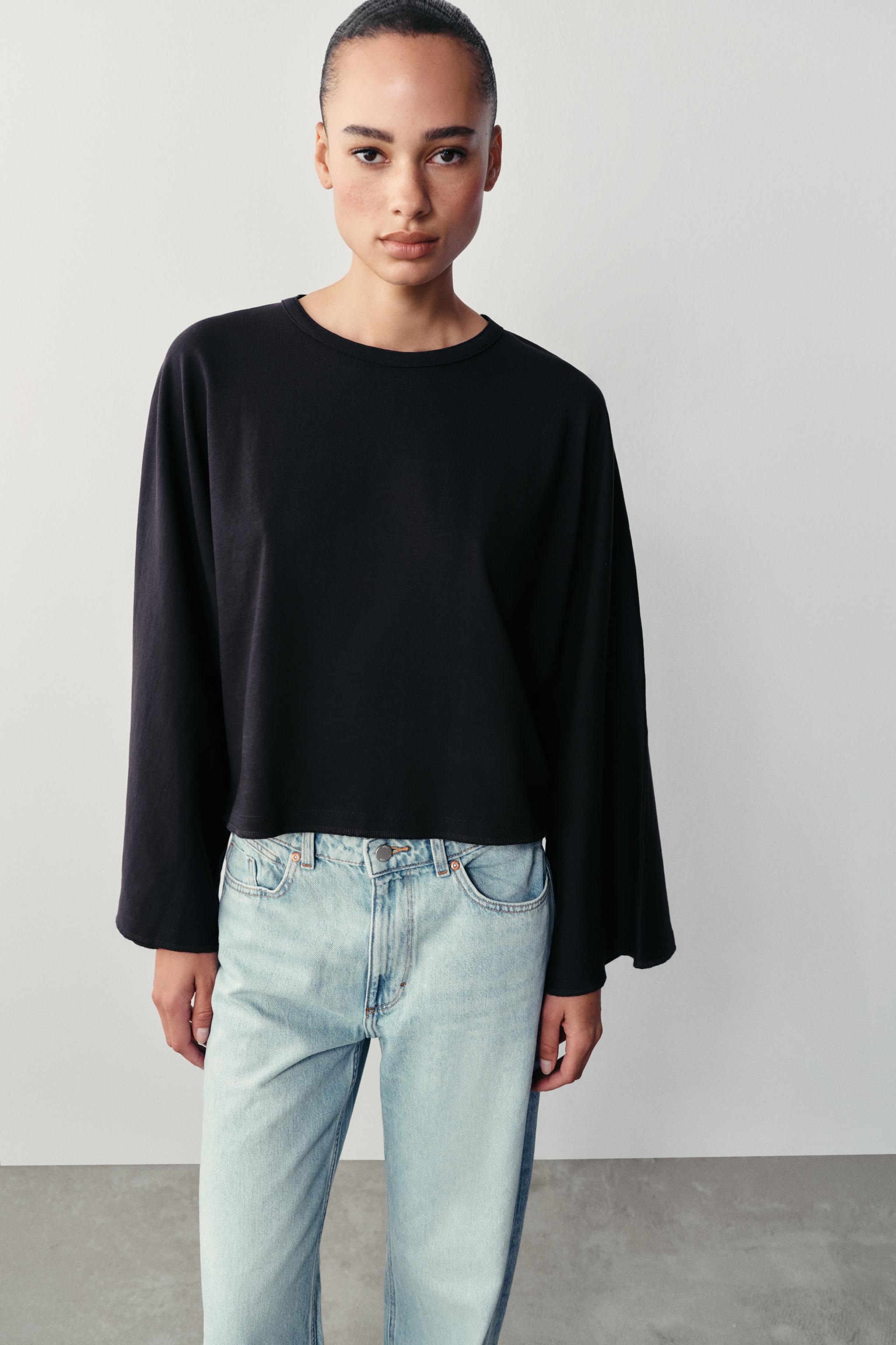 COTTON WIDE-SLEEVE T-SHIRT — Navy blue