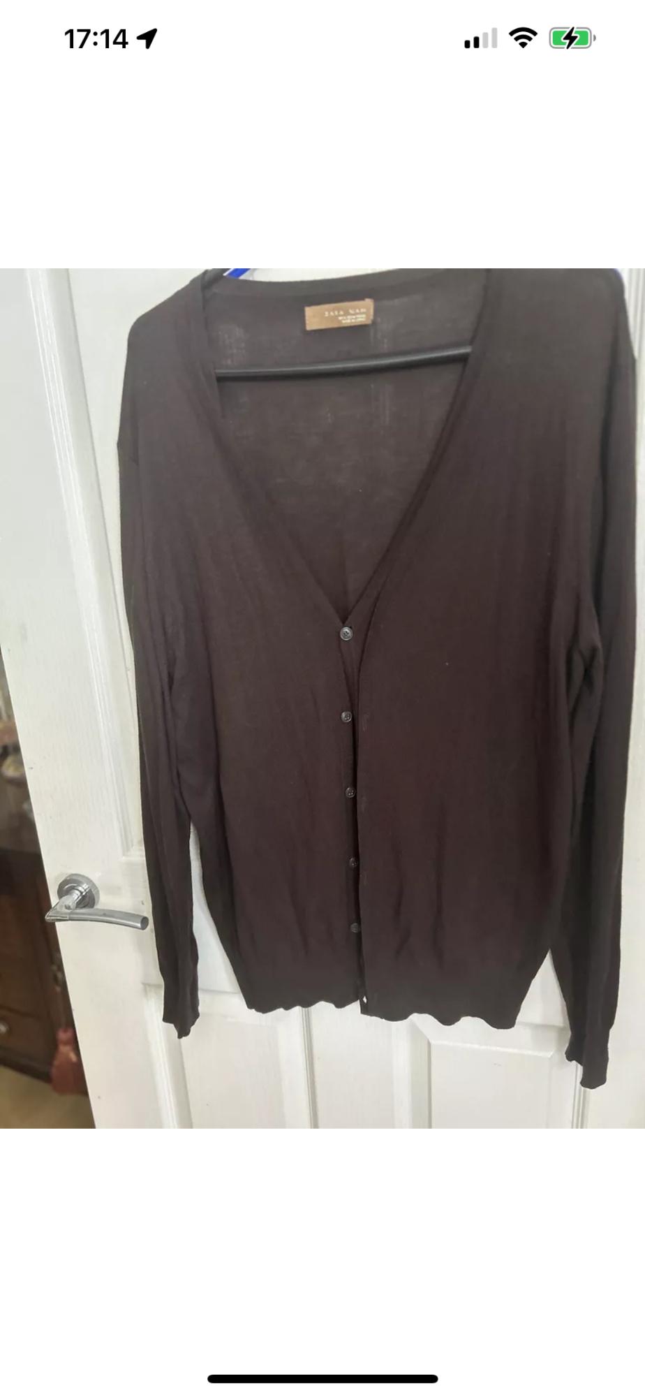 Front view of a brown cardigan with black buttons and a V-neck.