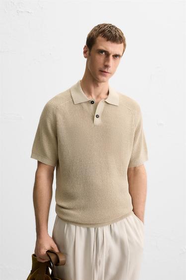 Zara TEXTURED KNIT POLO SHIRT - Beige