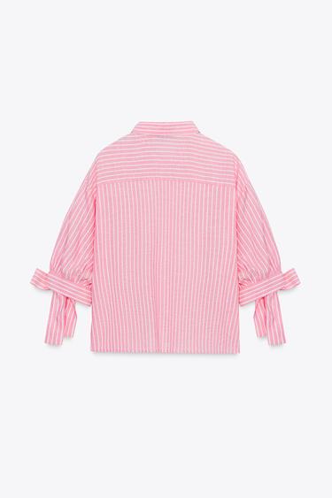 STRIPED LINEN-BLEND SHIRT WITH TIES - Pink / White by Zara - Image 6