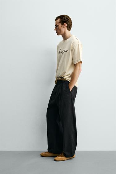 RELAXED FIT EMBROIDERED SLOGAN T-SHIRT - Beige by Zara - Image 3