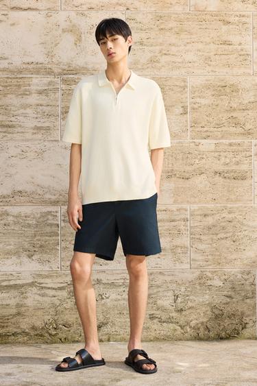 Zara 標準版褶襉百慕達短褲 - 海藍色