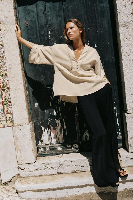 Kontrast dikişli oversize keten gömlek