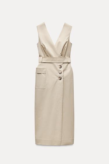 VESTIDO MIDI CRUZADO CINTURÓN - Camel claro de Zara