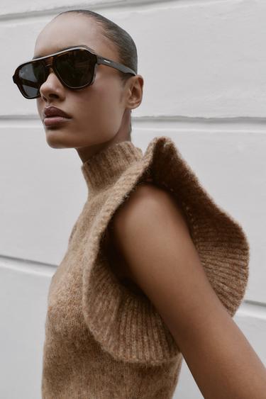 Zara WOOL TOP WITH RUFFLES - Light camel