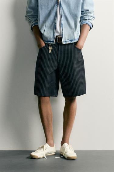 Zara 寬鬆版條紋牛仔短褲 - 深海藍色