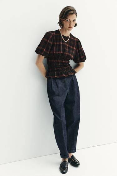 CHECK SHIRT WITH GATHERED DETAIL - BLACK/ORANGE by Zara