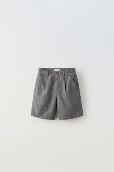 ШОРТЫ ИЗ СМЕСОВОГО ЛЬНА С ЗАЩИПАМИ — СЕРОВАТЫЙ от Zara — изображение 0