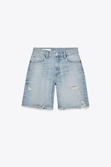 Zara MID-RISE RIPPED TRF DENIM SHORTS - Light blue
