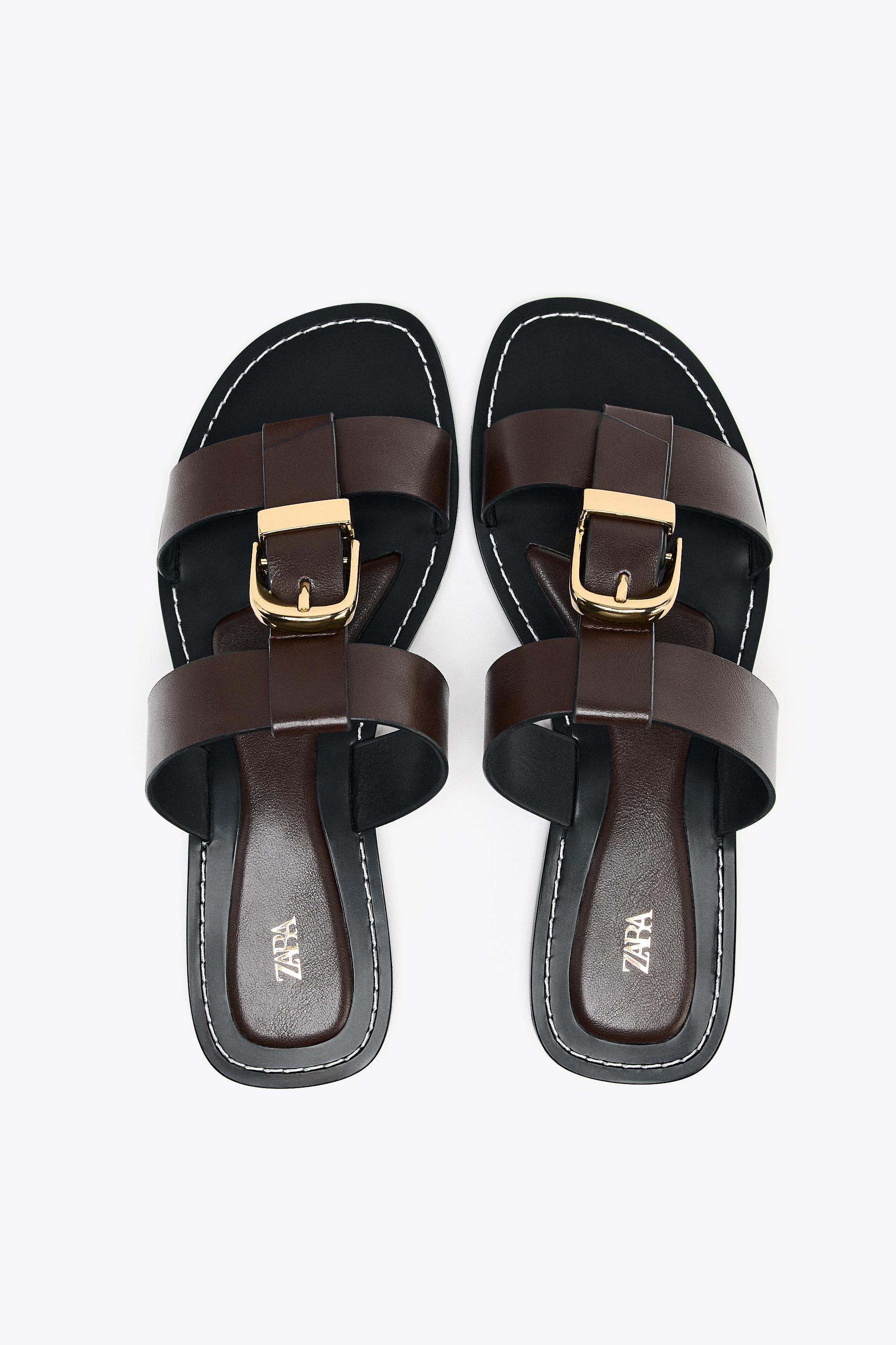 【ZARA】ダブルストラップ バックル フラットサンダル ダブルストラップ バックル フラットサンダル - ブラウン | ZARA