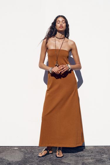 Zara HEAVY COTTON STRAPLESS DRESS - Burnt orange