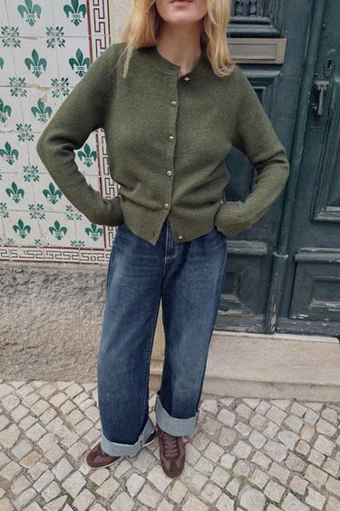 Zara BALL BUTTON KNIT CARDIGAN - Green marl