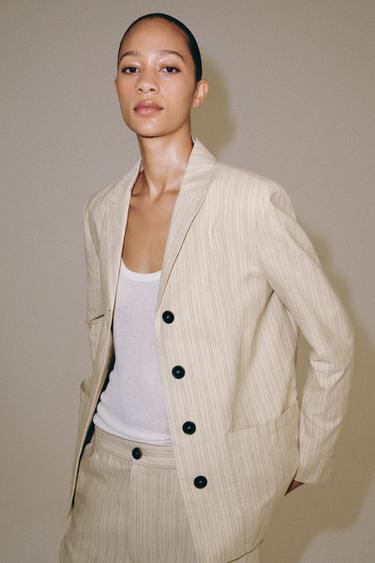 ZW COLLECTION STRIPED LINEN BLEND BLAZER - Ecru / Black by Zara