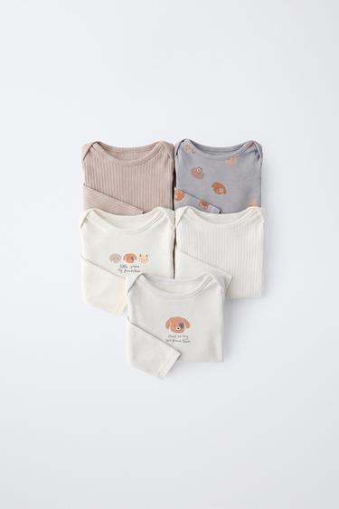 Zara 5件裝小狗印花連體衣 - 灰色 / 棕黃色 - 圖片 0