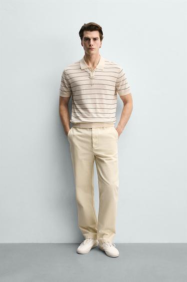 Zara 條紋亞麻棉混紡針織 POLO 衫 - 裸色