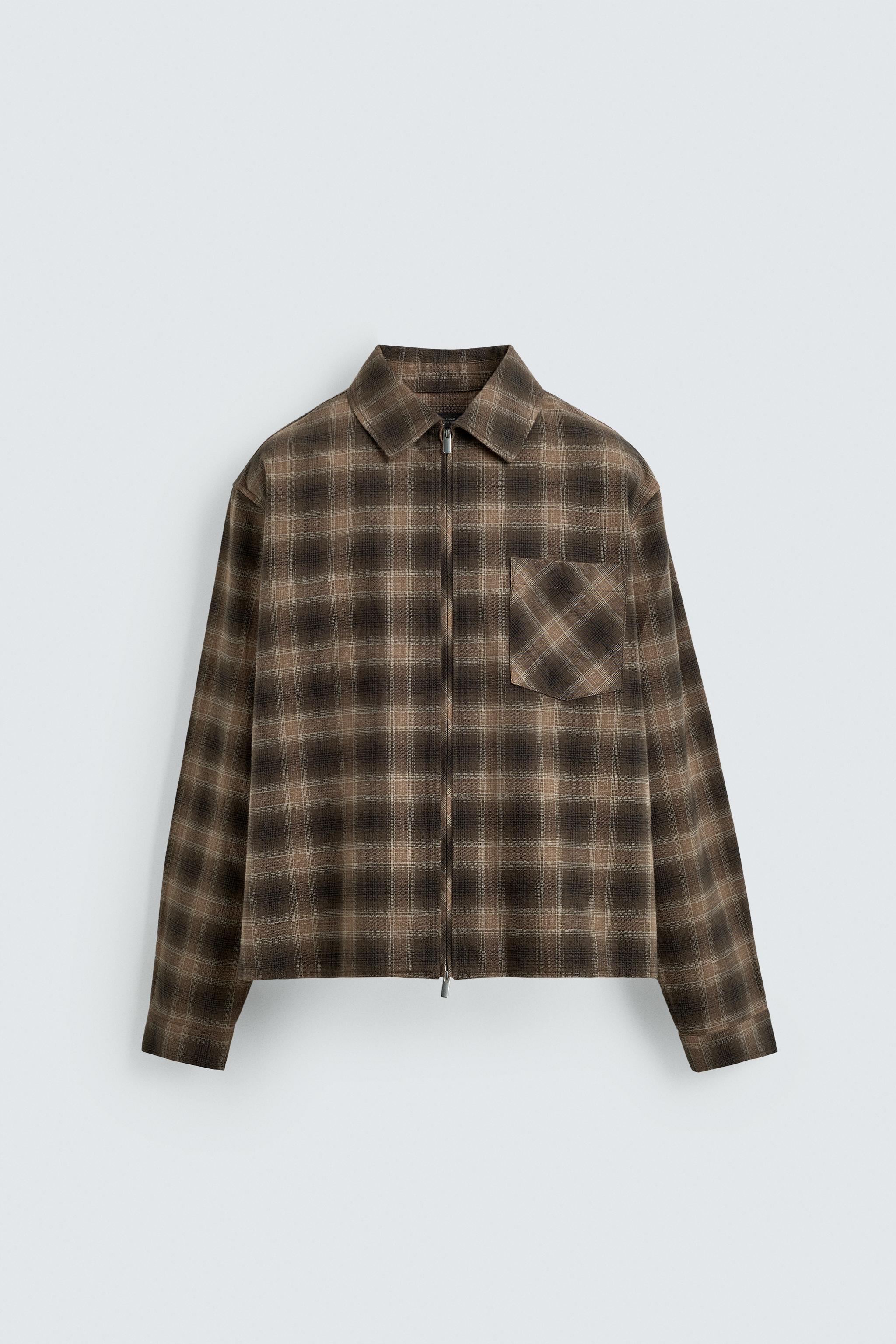 ジップアップチェック柄シャツジャケット - ブラウン | ZARA