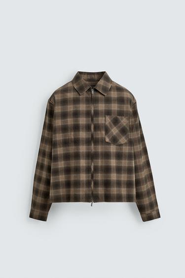 Zara 格紋拉鍊襯衫式外套 - 棕色