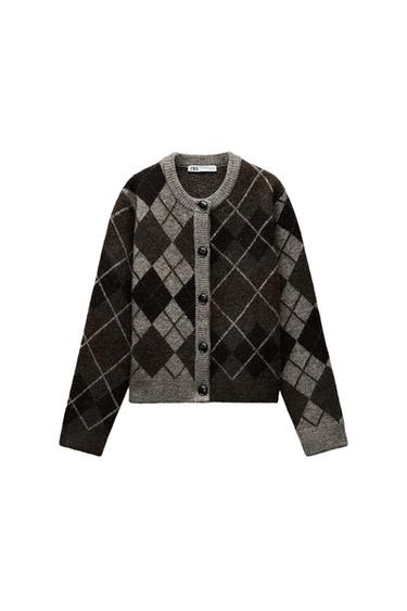 Front view of a cardigan with a diamond pattern in shades of brown and grey, buttons down the front.
