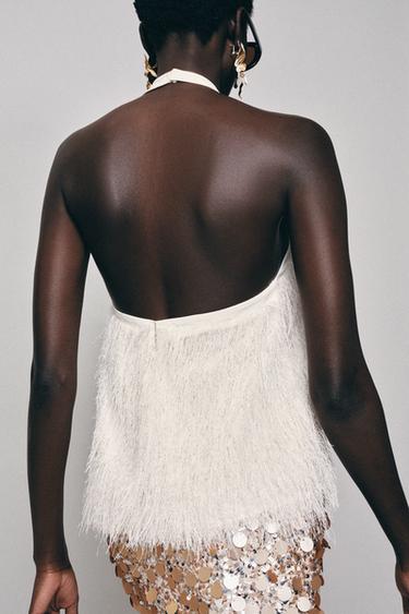 TOP HALTER PLUMES FIL MÉTALLISÉ - Écru de Zara - Image 2