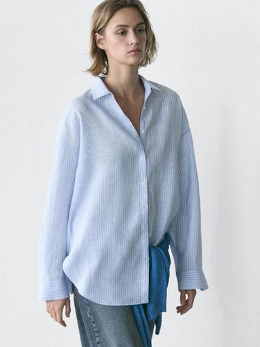 Camisa fluida rayas 100% lino - Celeste de Zara