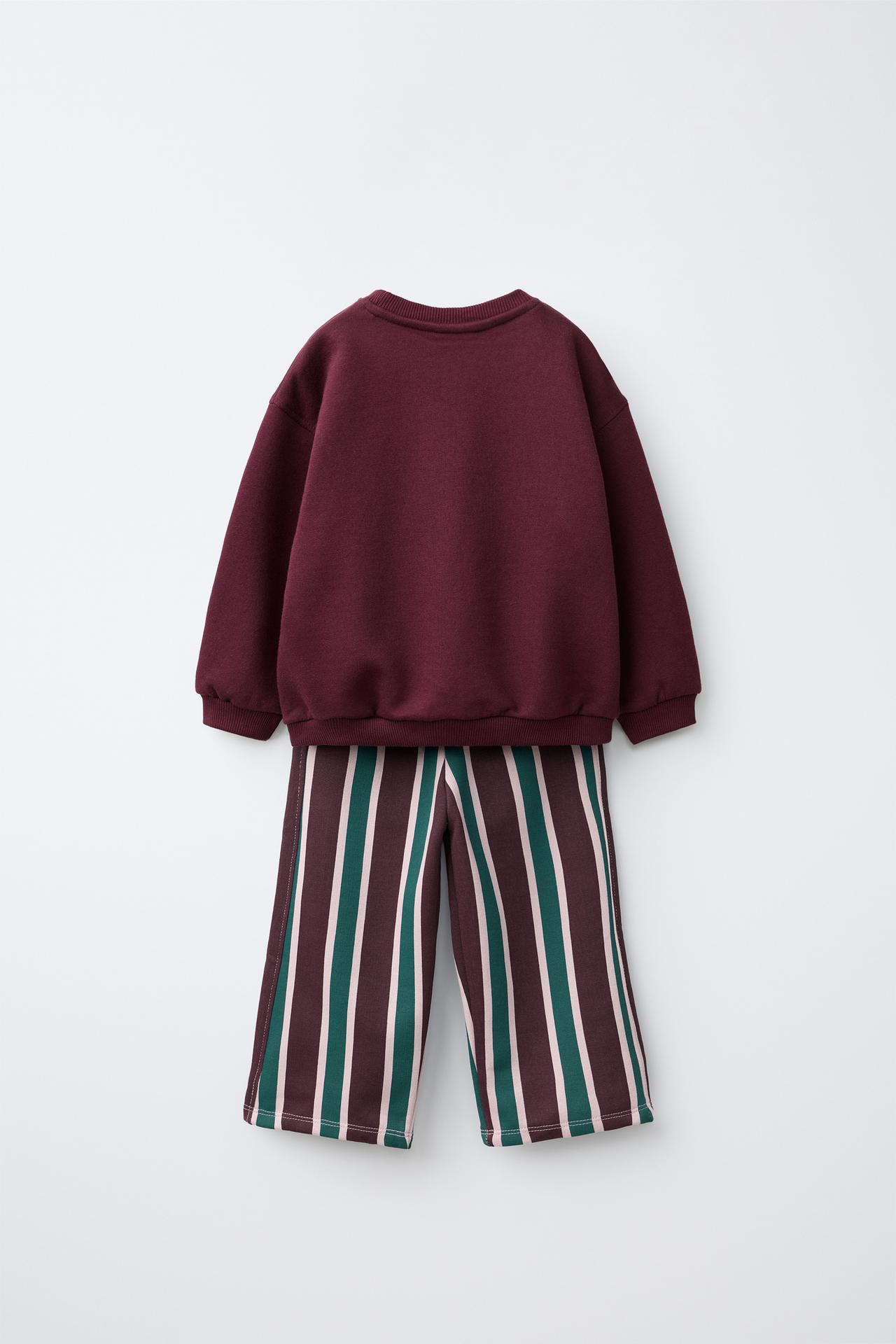 STRIPED WIDE LEG SWEATSHIRT AND PANTS JOGGING SET — Burgundy