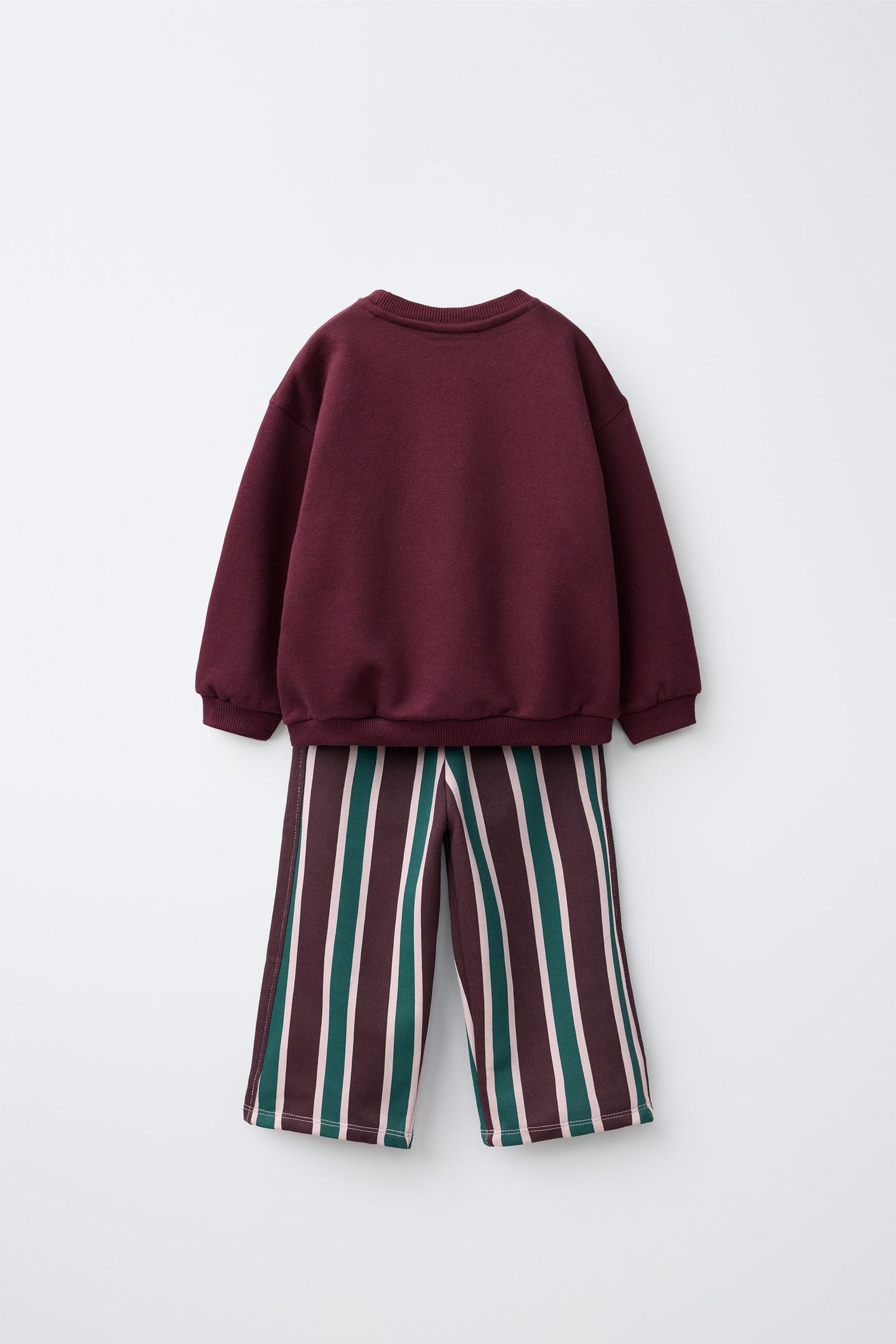 Детские комплекты Zara Striped Wide Leg Sweatshirt and Pants Jogging Set, цвет: Бордовый — фото 2