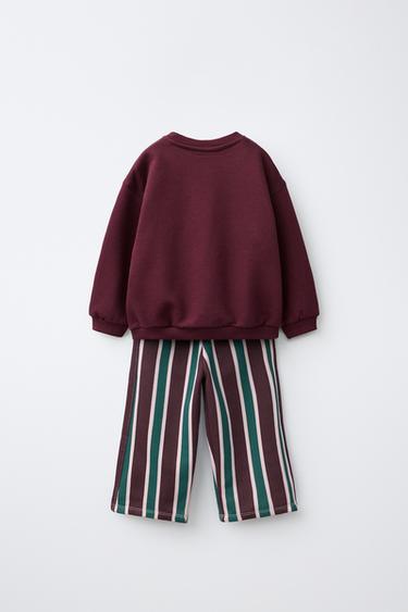 STRIPED WIDE LEG SWEATSHIRT AND PANTS JOGGING SET — Burgundy 2