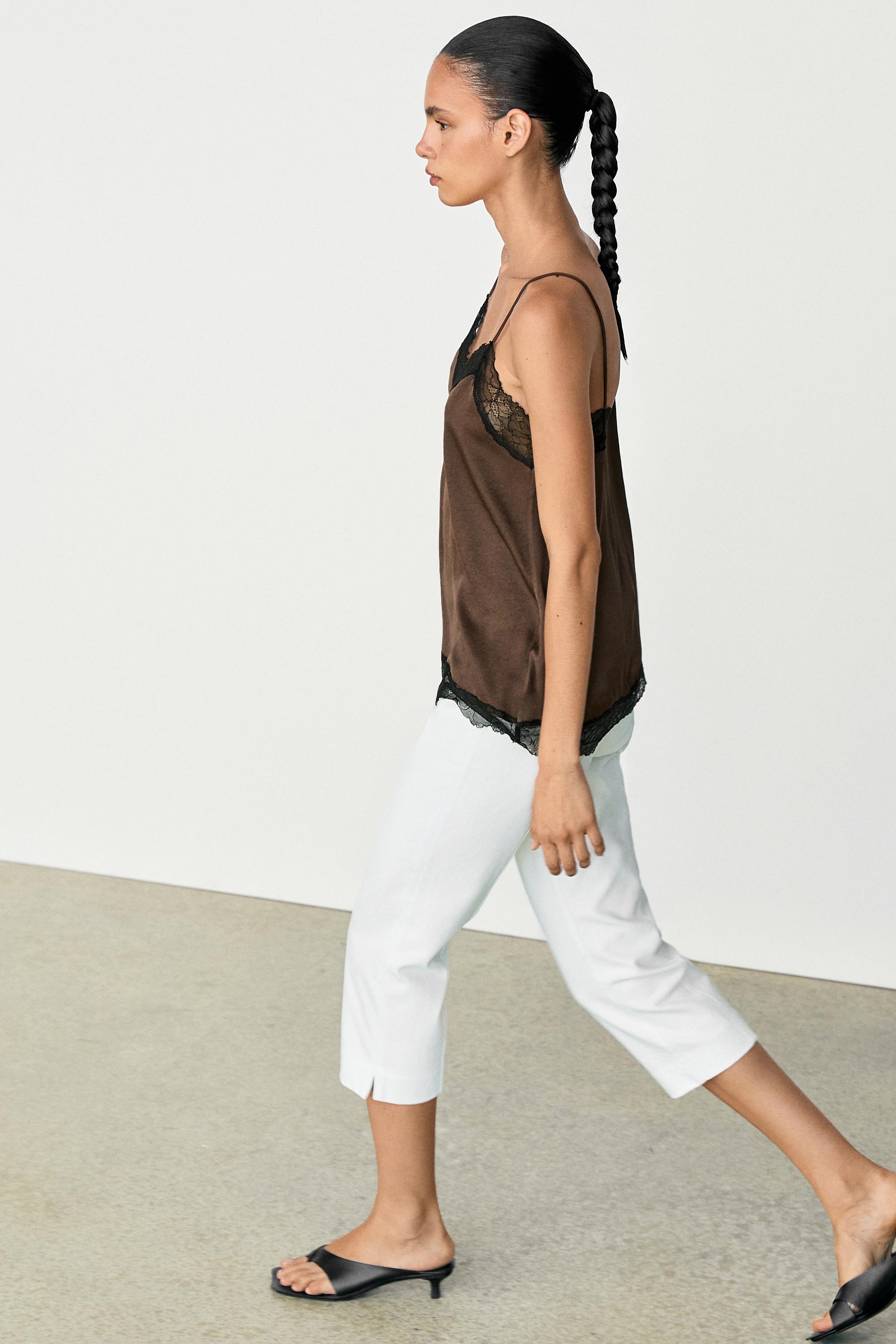 Contrast lace camisole top — Brown marl