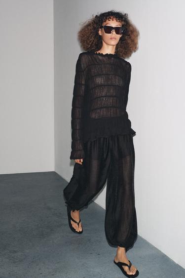 SEMI-SHEER GATHERED KNIT TOP - Black by Zara - Image 0
