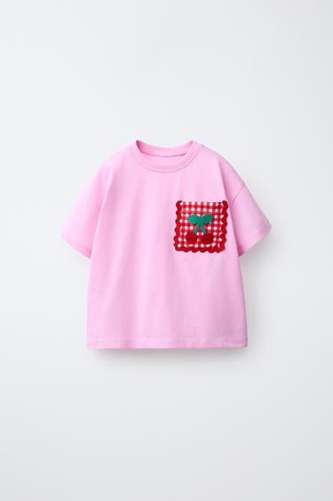 T-SHIRT WITH CHERRY CROCHET POCKET - Bubble gum by Zara
