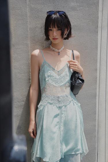 Zara ZW COLLECTION 蕾絲短版連身裙 - 淡藍色